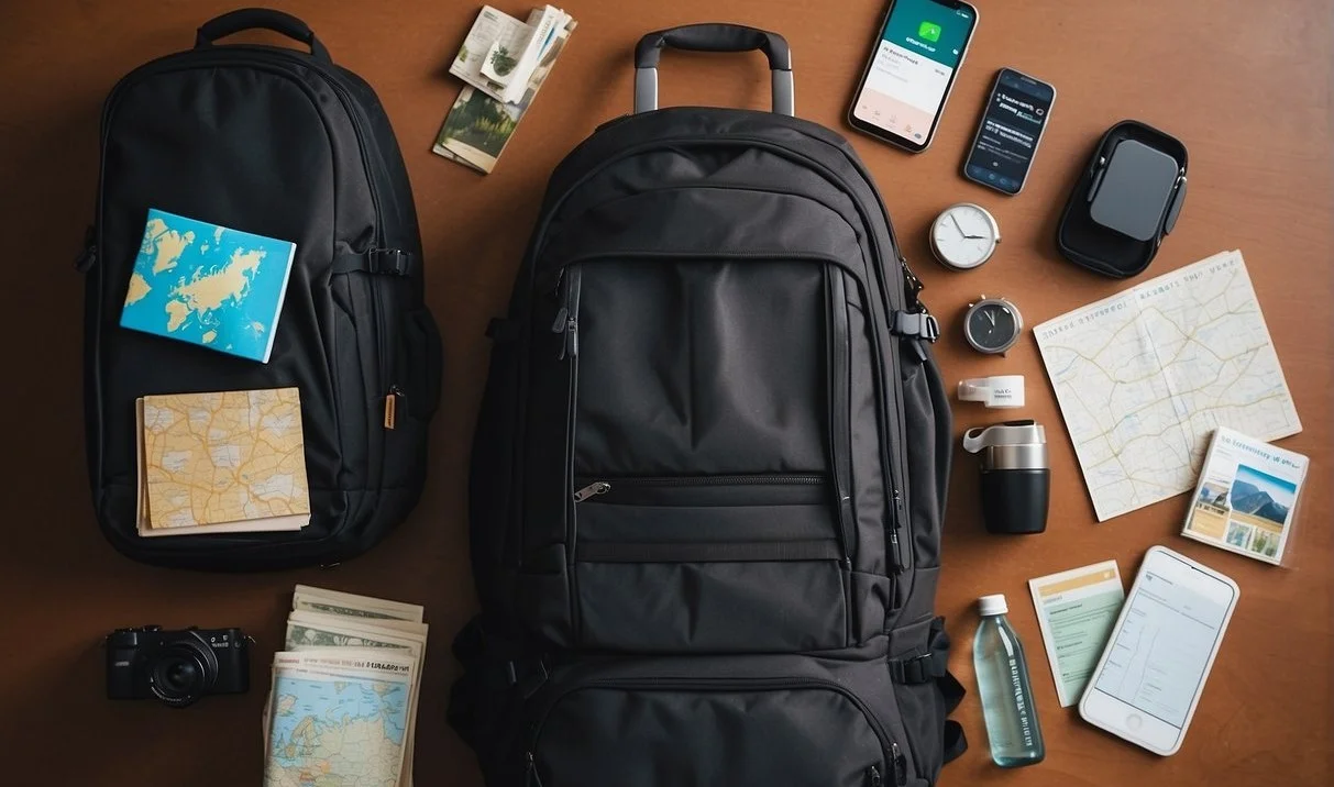 A suitcase packed with efficient travel essentials, surrounded by maps, guidebooks, and a budget planner. A traveler's backpack with a reusable water bottle and a money-saving travel app open on a smartphone How to Travel and Save Money: Expert Tips and Tricks